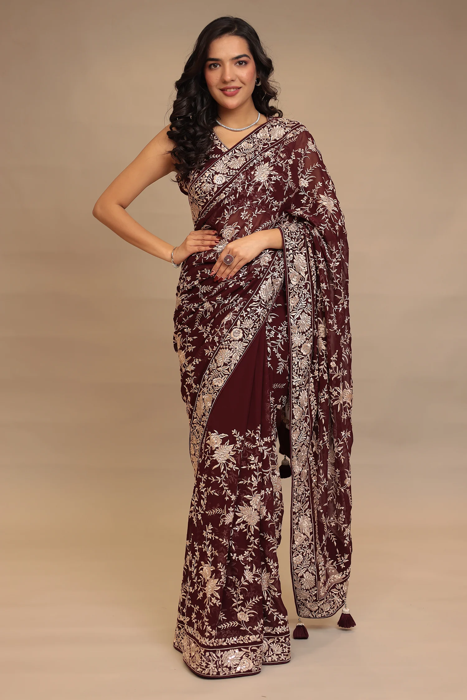 Georgette Saree with Sequins, Thread work Brown